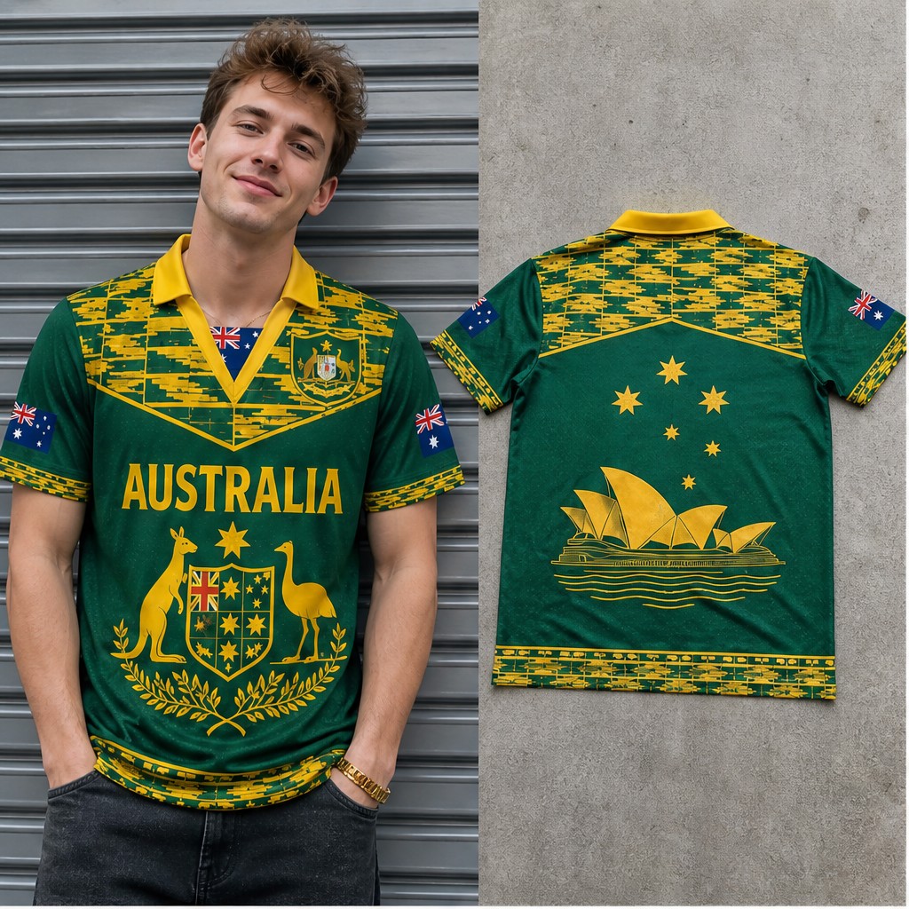 Mens Fashion Australia - Herenshirt Australië met sierlijke kangoeroe-emu-embleem, semi-polo